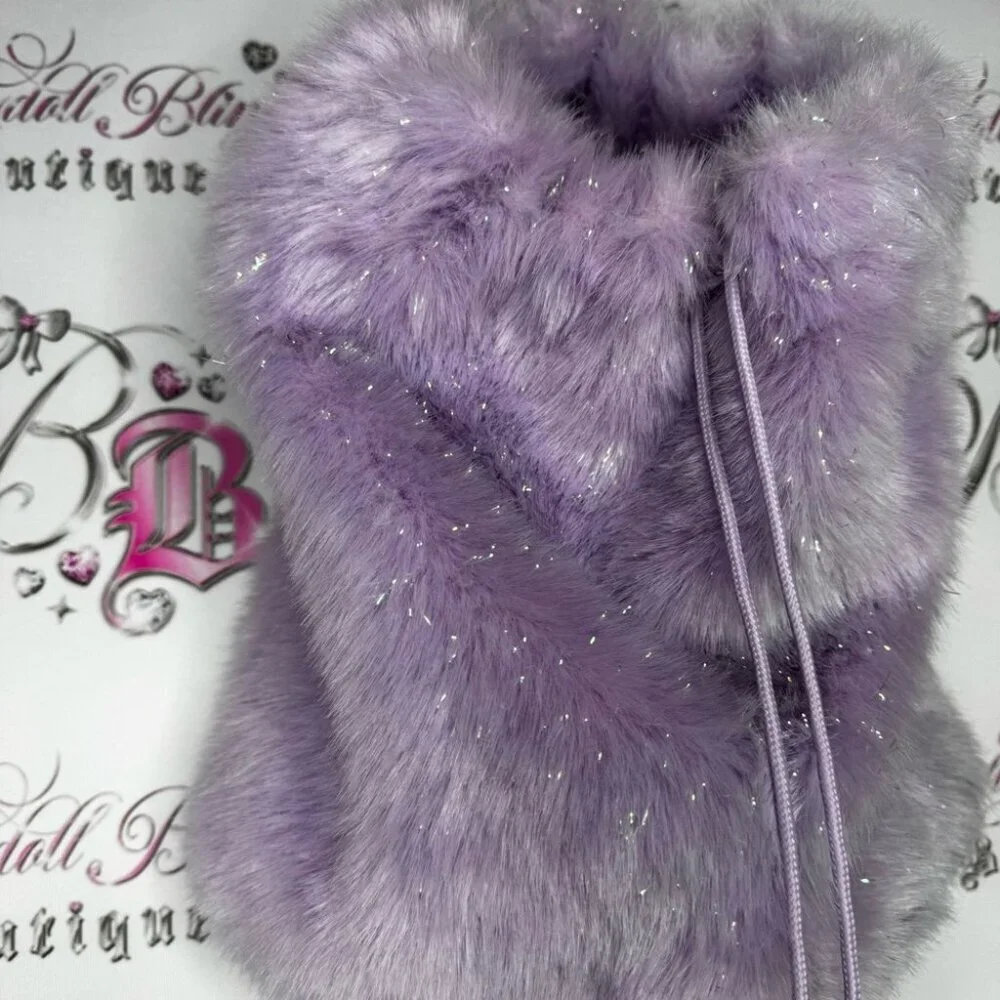 Furry backpack sparkly shimmer purple holographic Pom poms Faux Fur Backpack